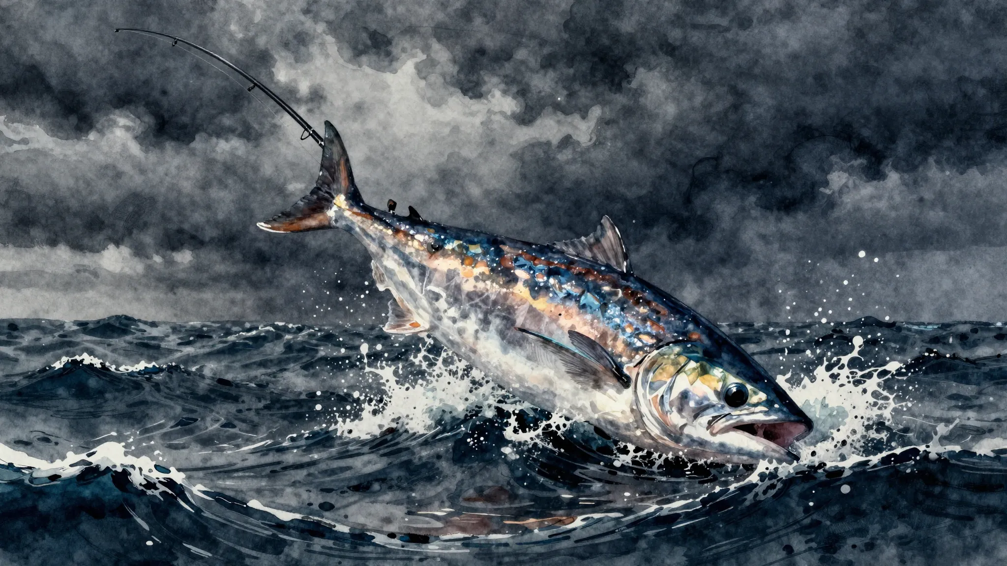 Vibrant watercolor style. A dramatic, cinematic shot of a fi...