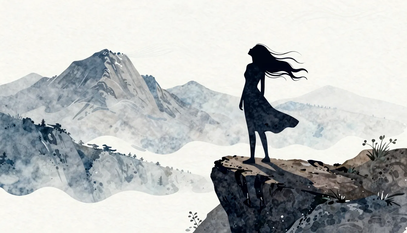Watercolor style. Silhouette of a woman standing on a high r...