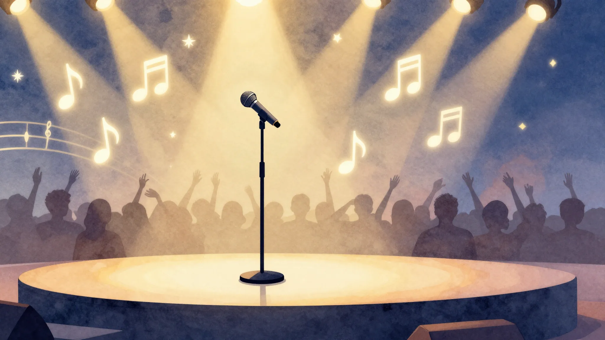Watercolor style. A bright stage with a microphone stand in ...