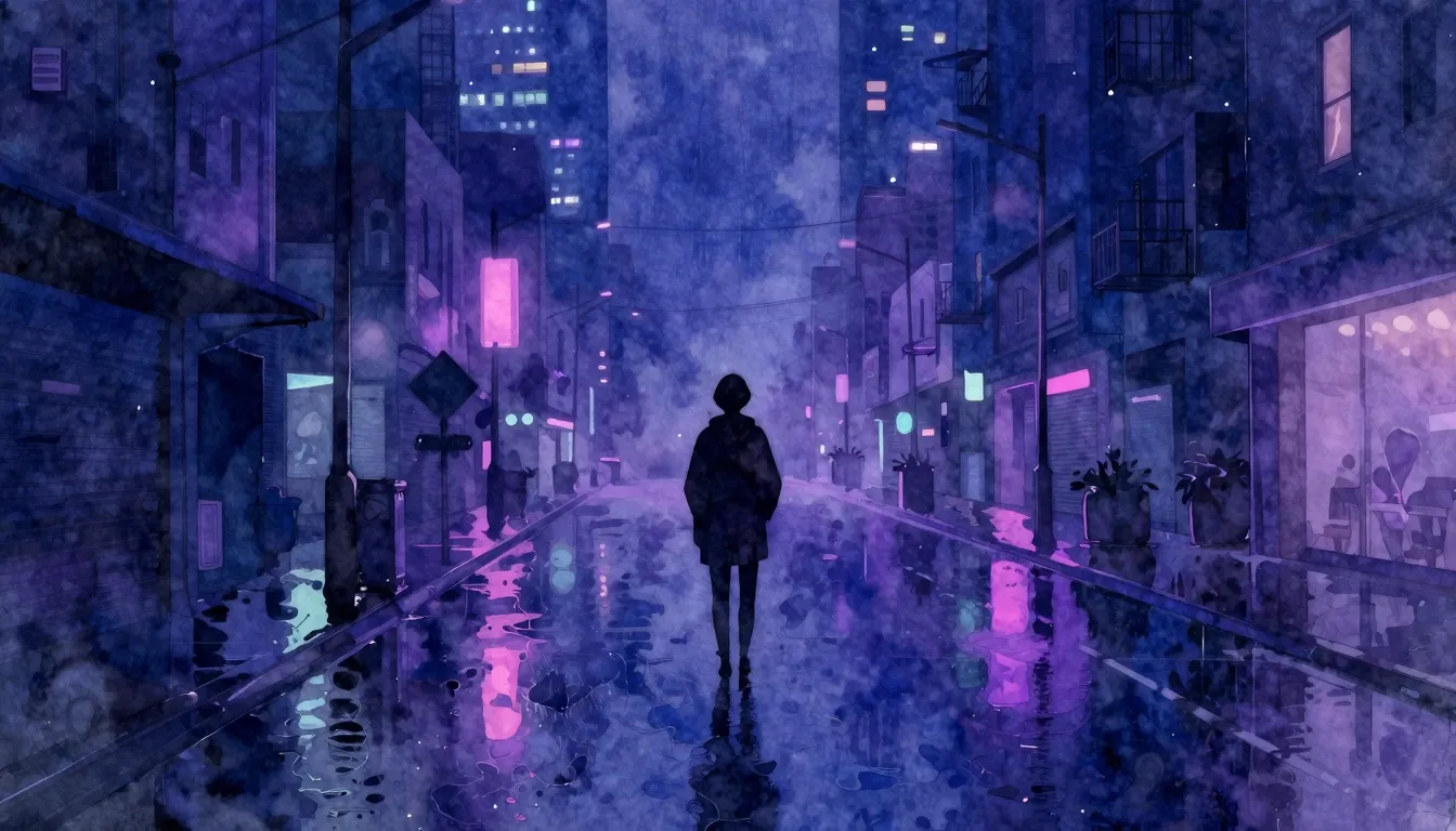 Vibrant watercolor style. Synthwave aesthetic, a lonely silh...