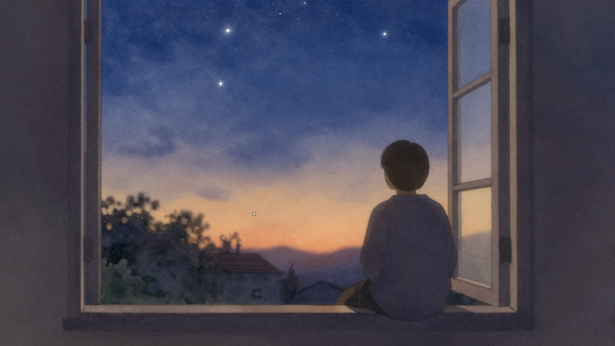 Vibrant watercolor style. A cozy window view at twilight, st...