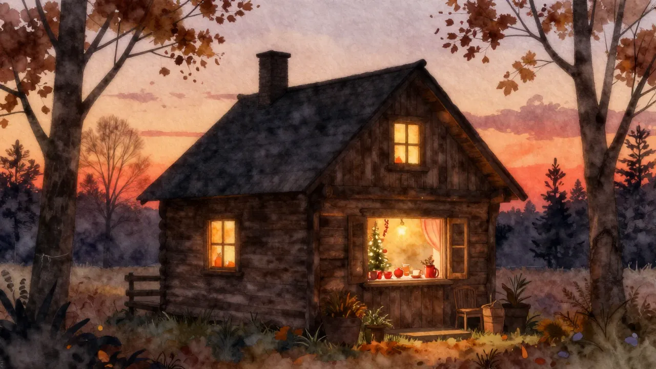 Watercolor style. A cozy wooden house silhouette at sunset, ...