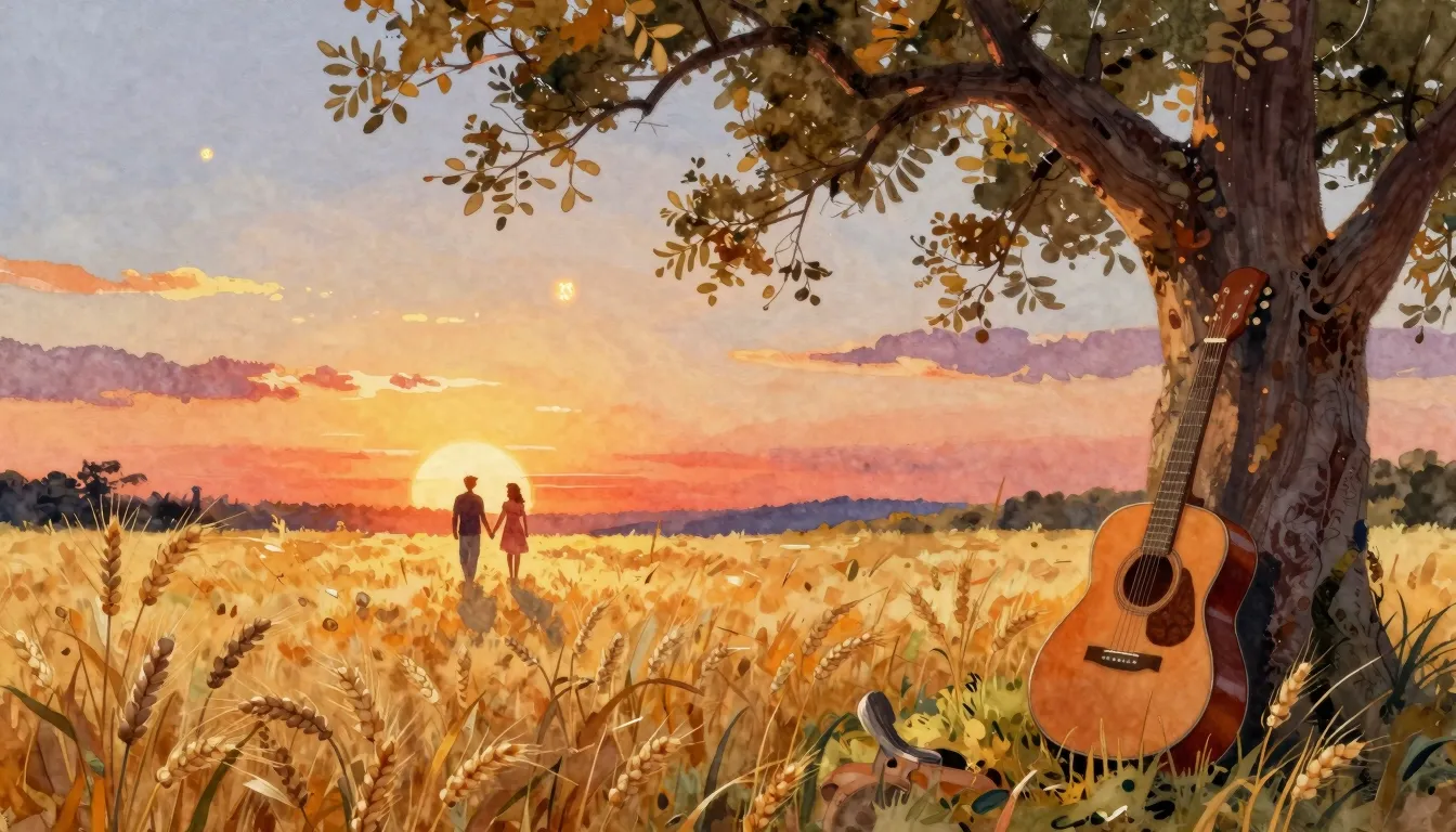 Vibrant watercolor style. Folk style album cover, a warm sun...