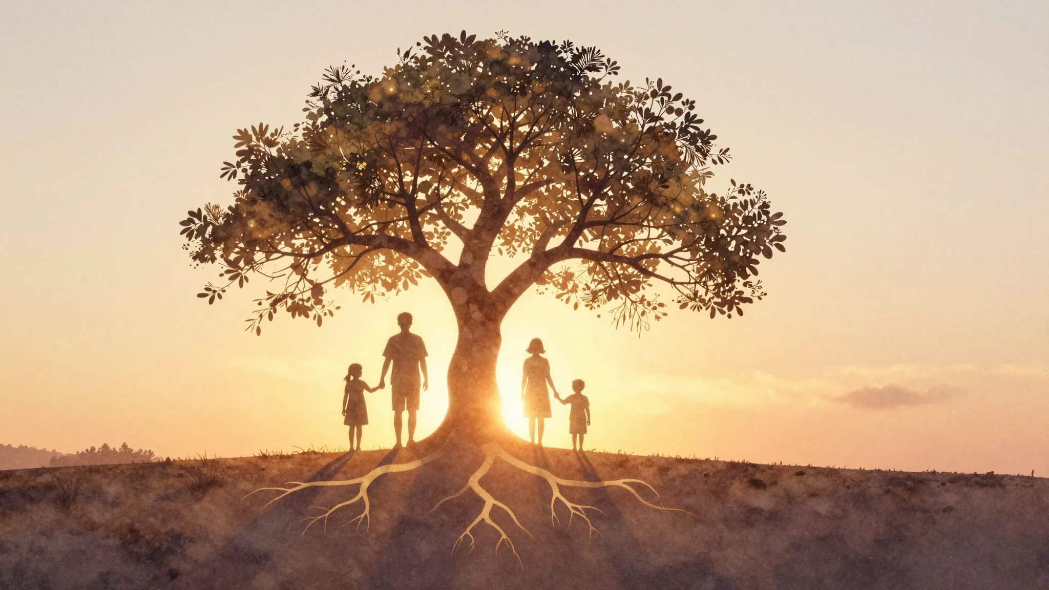 Watercolor style. Silhouette of a family tree, glowing roots...