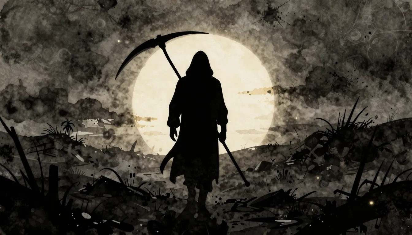 Watercolor style. Dark silhouette of a hooded figure with a ...