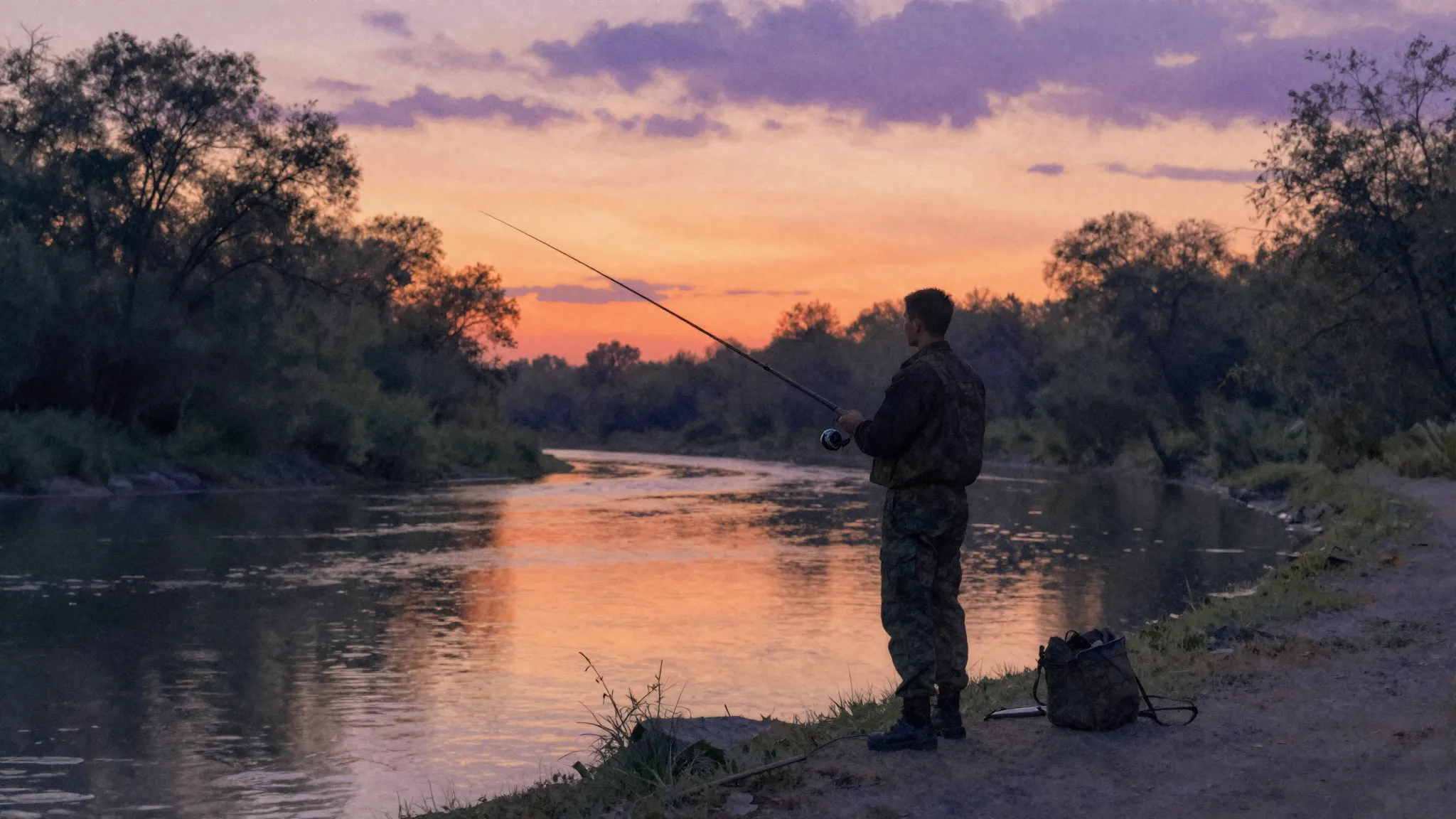 Watercolor style. A dark silhouette of a man fishing by a qu...