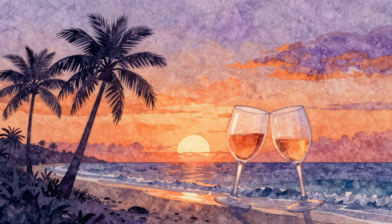 Watercolor style. Silhouette of a tropical beach at sunset, ...