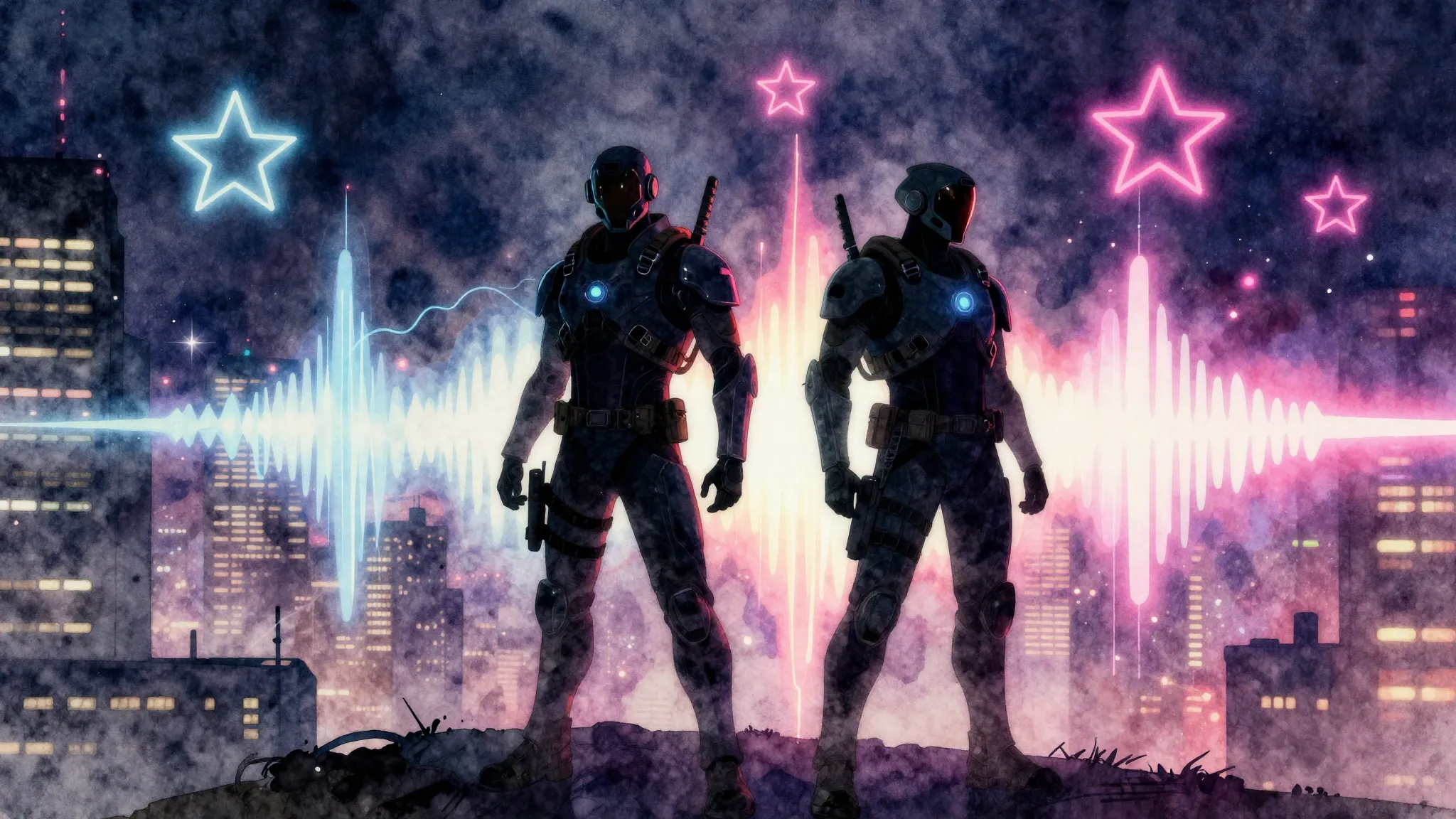 Vibrant watercolor style. Cyberpunk city night, silhouettes ...