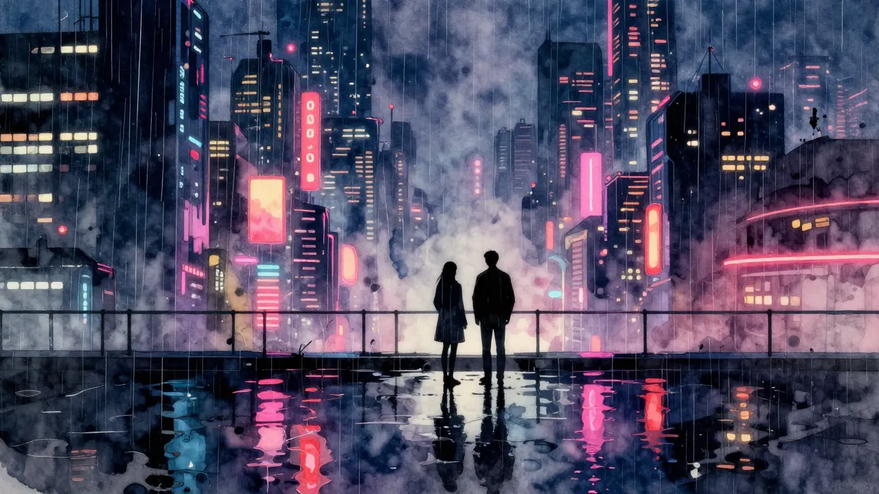 Vibrant watercolor style. Dark rainy night in a futuristic c...
