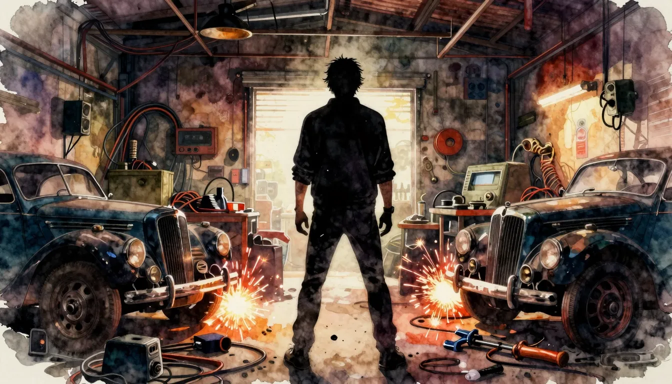 Vibrant watercolor style. A gritty garage rock aesthetic, a ...