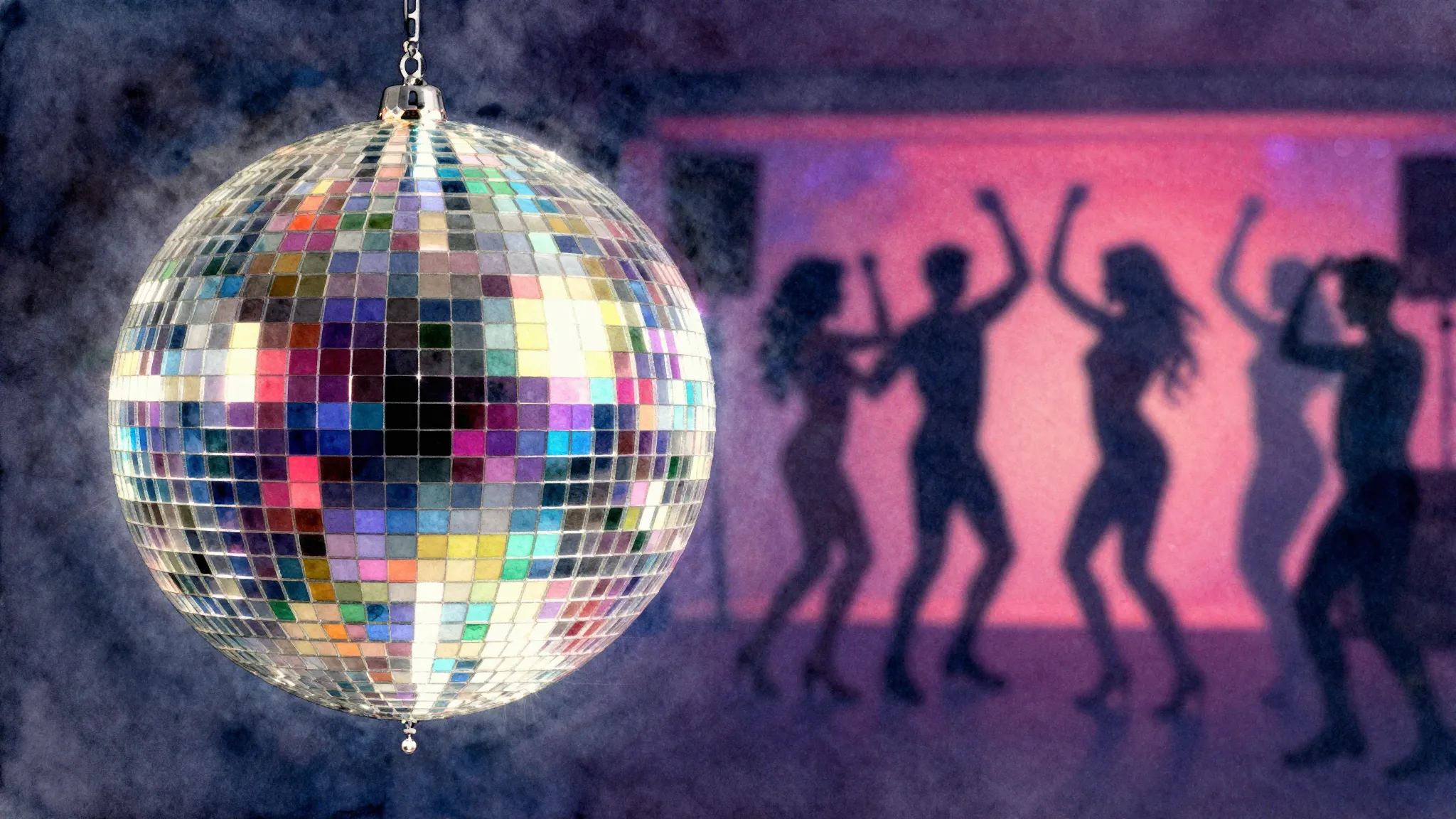 Watercolor style. A glowing disco ball reflecting colorful l...