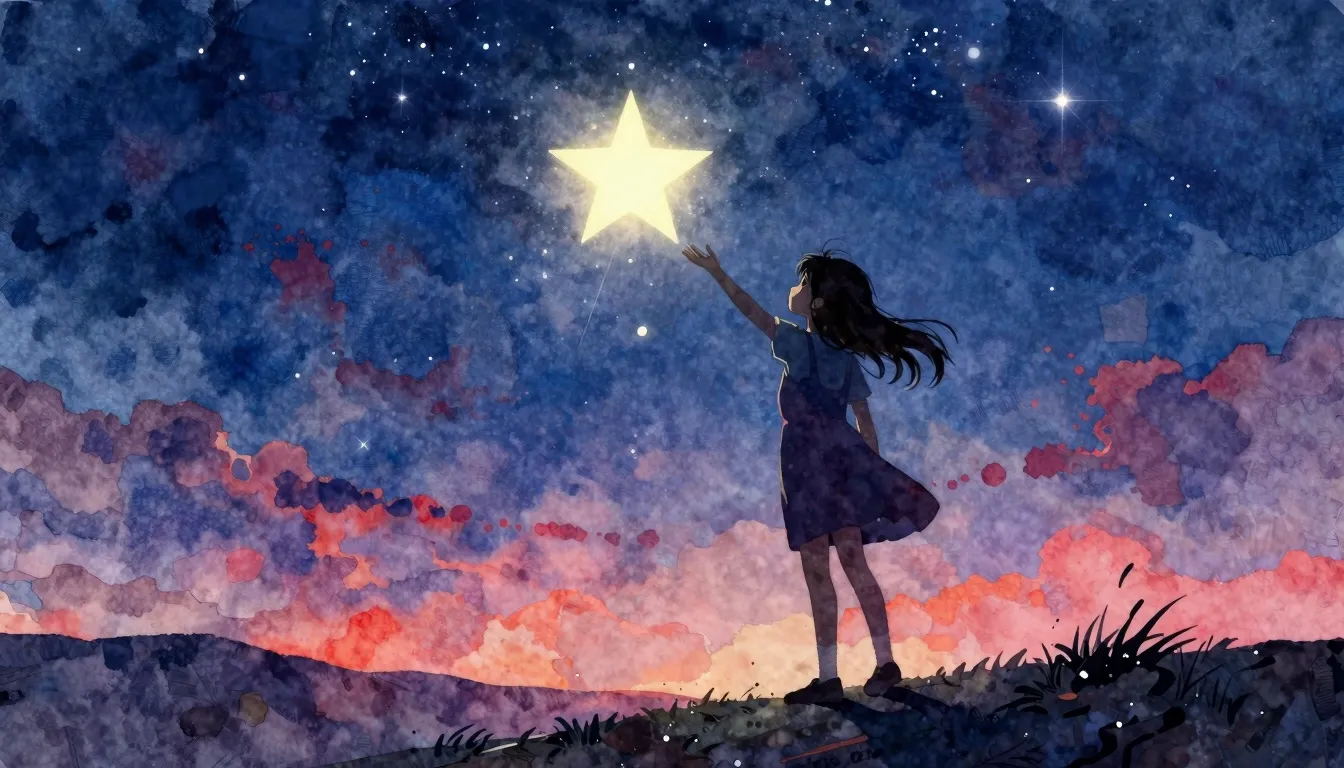 Vibrant watercolor style. A silhouette of a young girl stand...