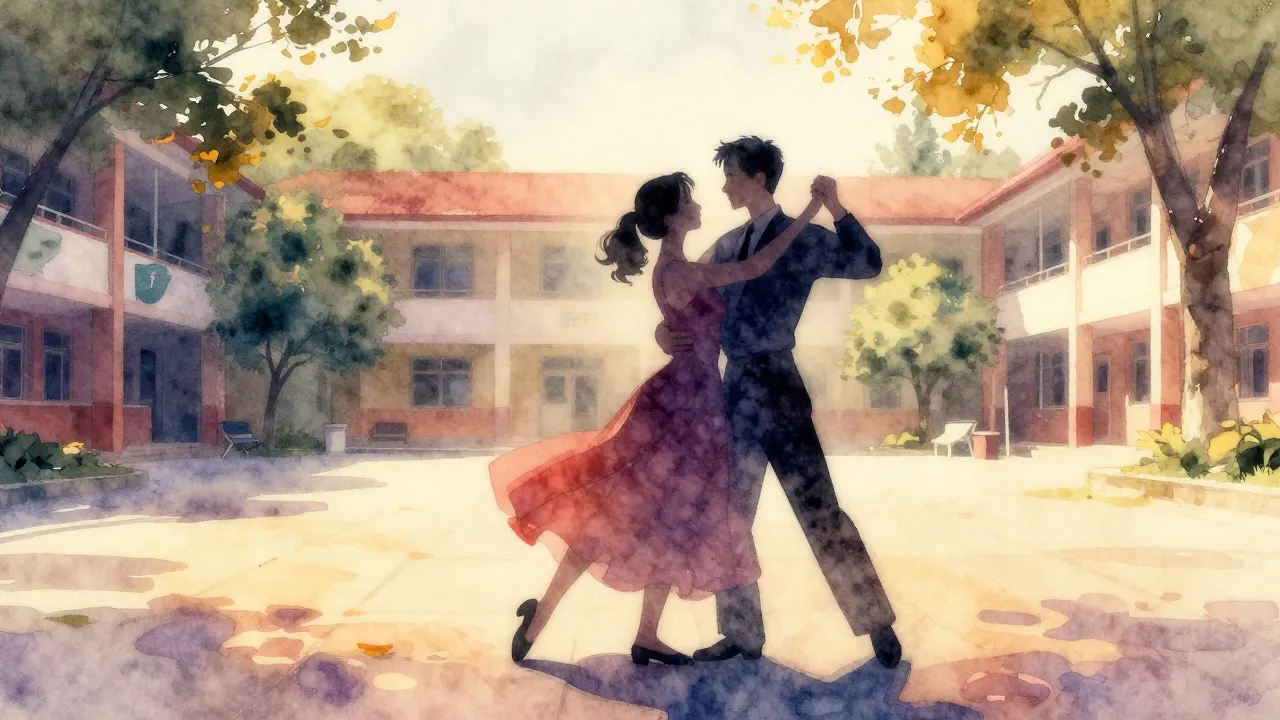 Vibrant watercolor style. A silhouette of a couple dancing a...