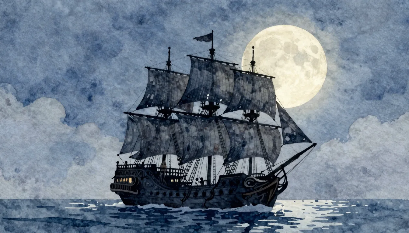 Watercolor style. A silhouette of a pirate ship sailing on a...