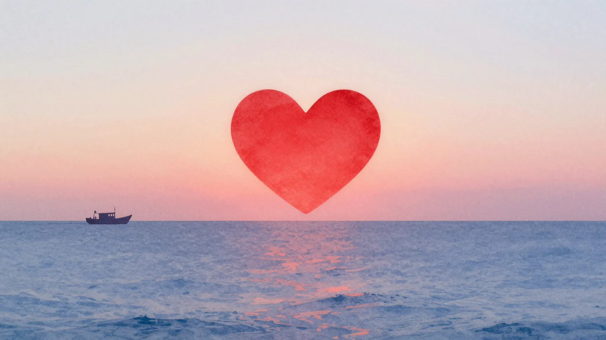 Watercolor style. A glowing red heart floating above a calm ...