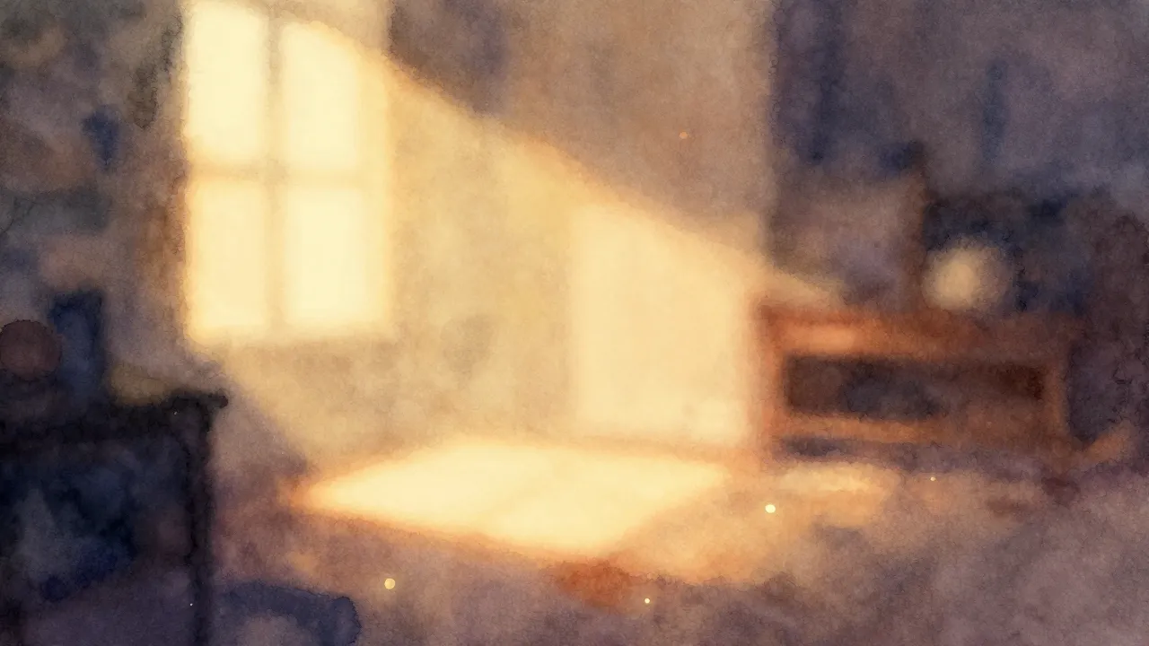 Watercolor style. A beautiful glowing light in a dark room, ...