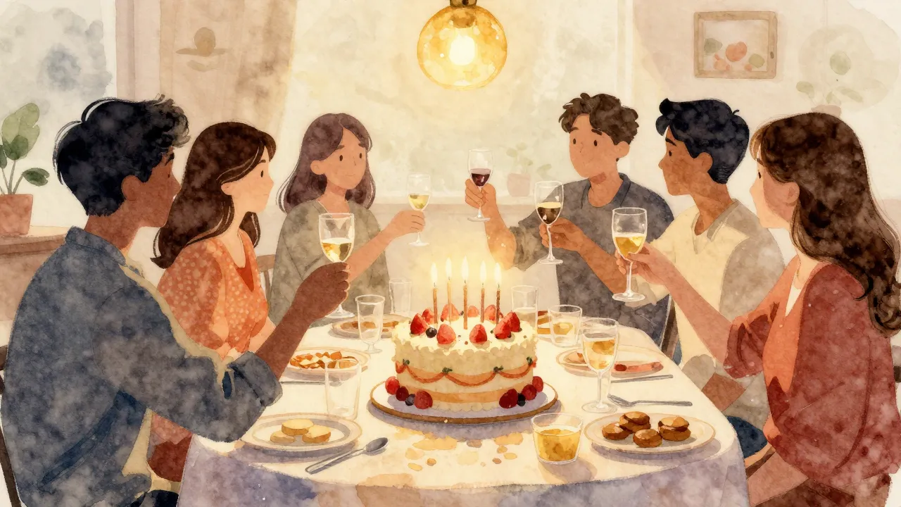 Watercolor style. A festive table with a large birthday cake...