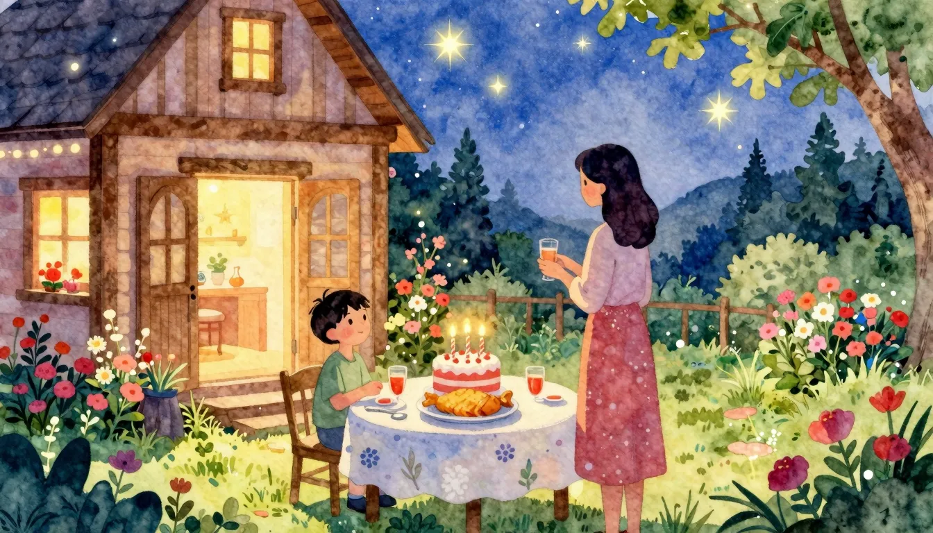 Vibrant watercolor style. A cozy festive scene with a silhou...