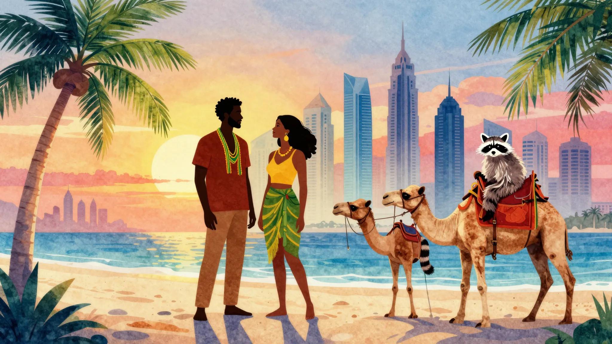 Vibrant watercolor style. Reggae style album cover, a silhou...