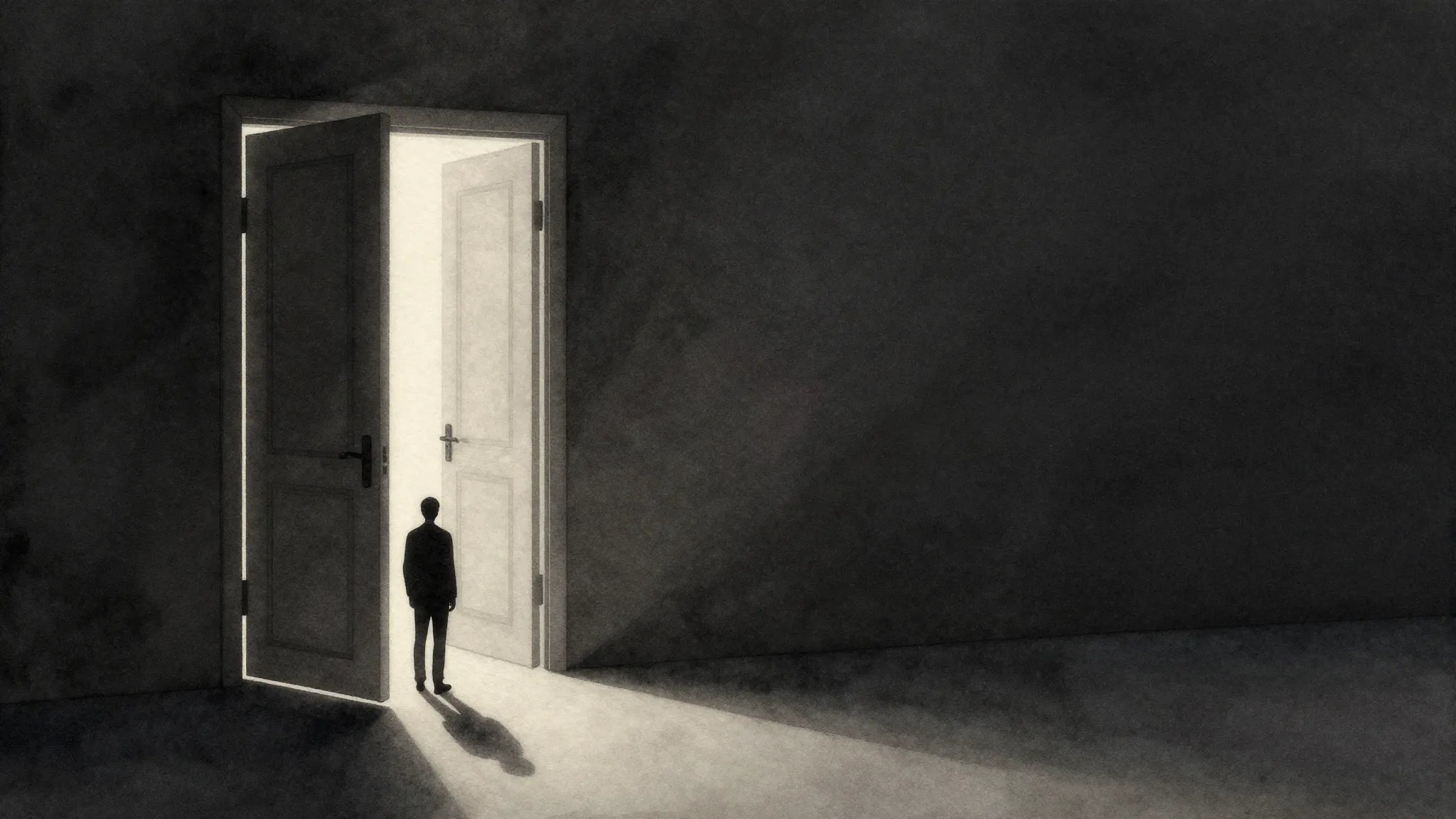 Watercolor style. A dark silhouette of a lone figure standin...