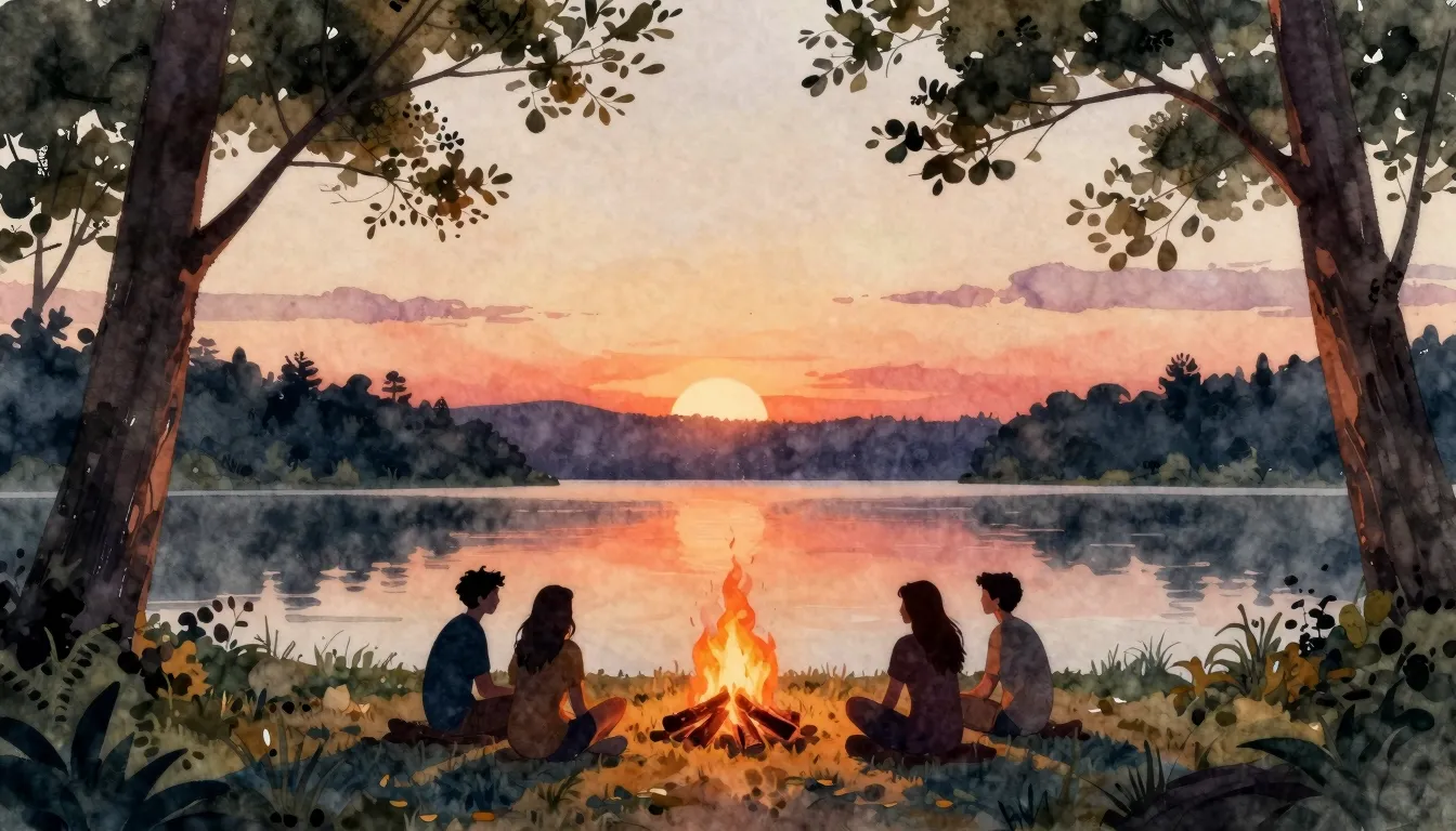 Watercolor style. Silhouette of friends sitting around a cam...