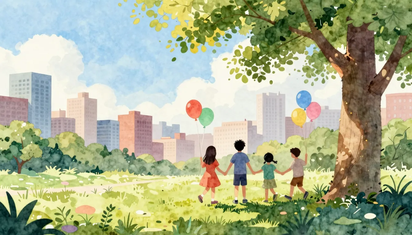 Watercolor style. A bright sunny day in a beautiful city par...