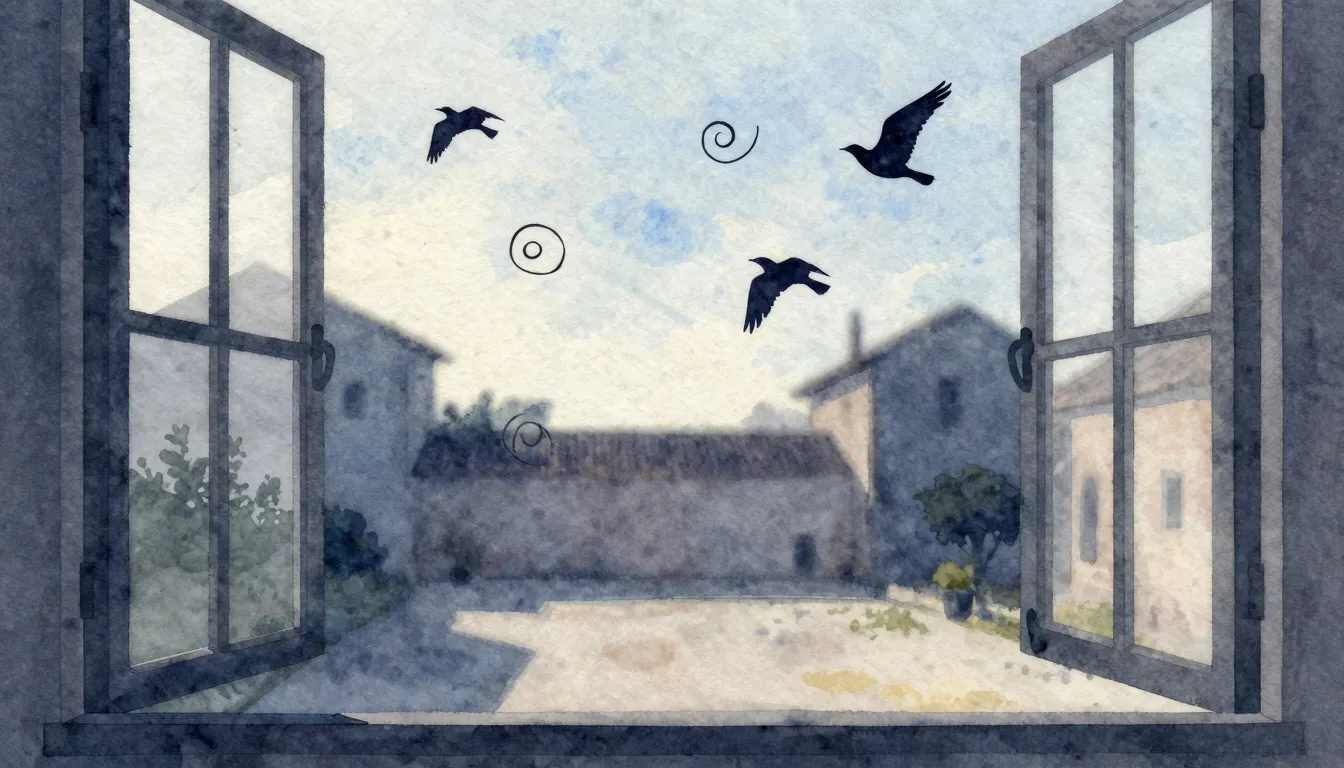 Watercolor style. A silhouette of a window frame looking out...