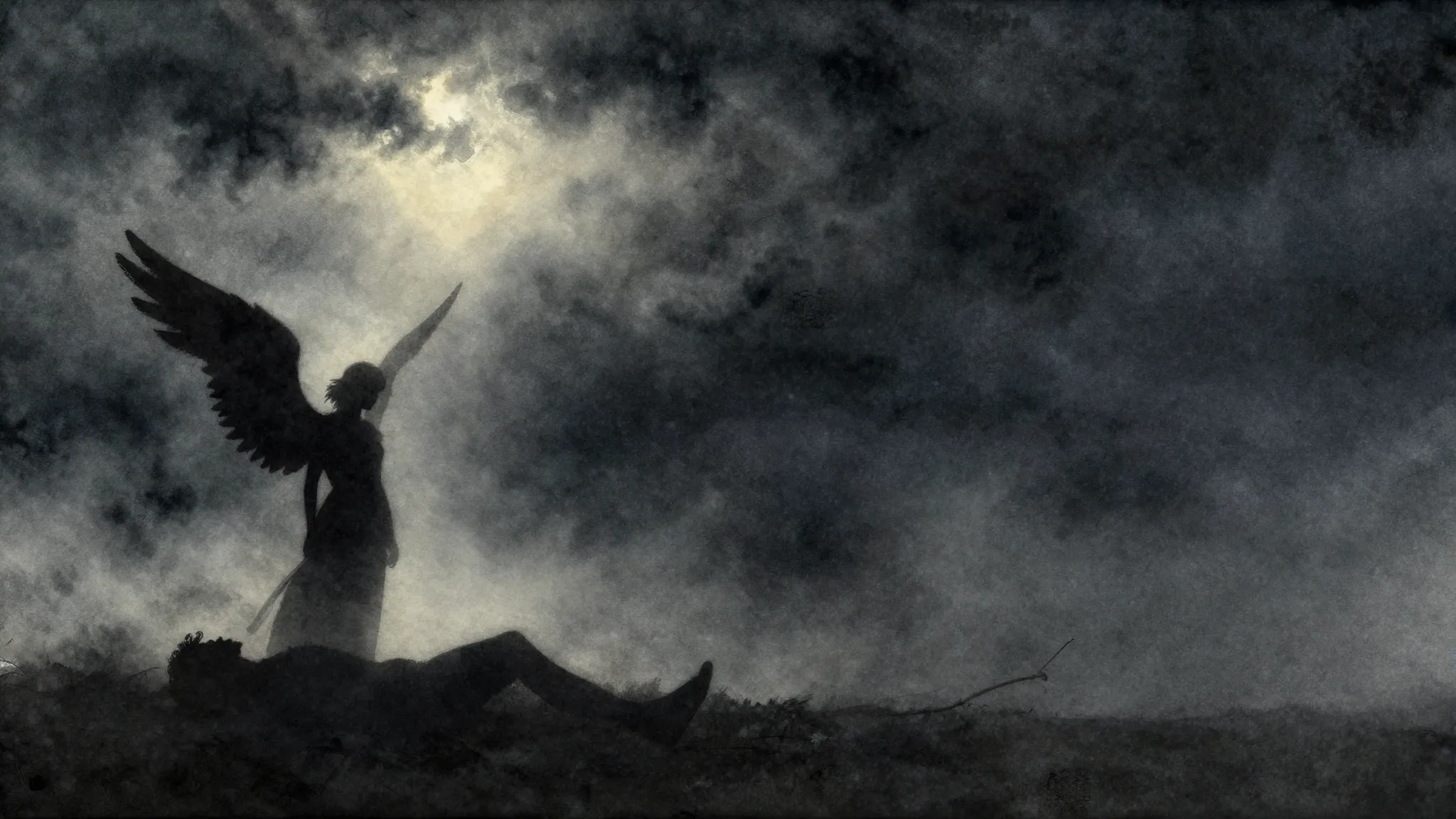 Watercolor style. Dark stormy sky, silhouette of a winged fi...