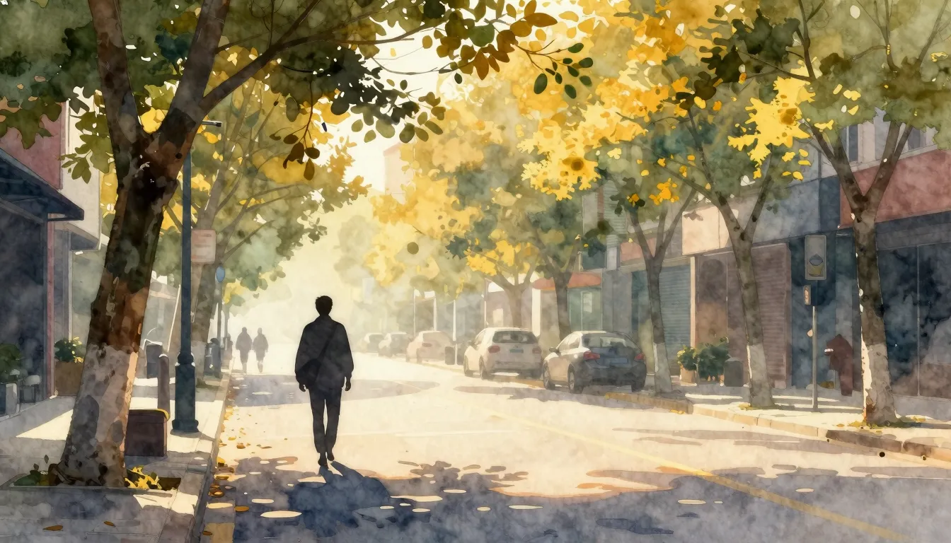 Watercolor style. A quiet morning city street with golden su...