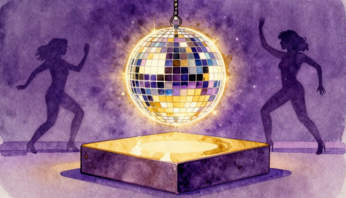 Watercolor style. A glowing neon disco ball hanging above a ...