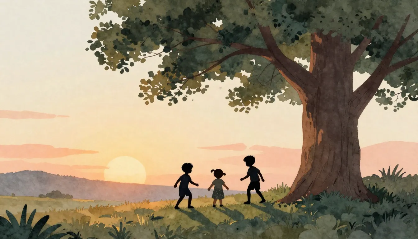 Watercolor style. A peaceful landscape with 3 silhouettes of...