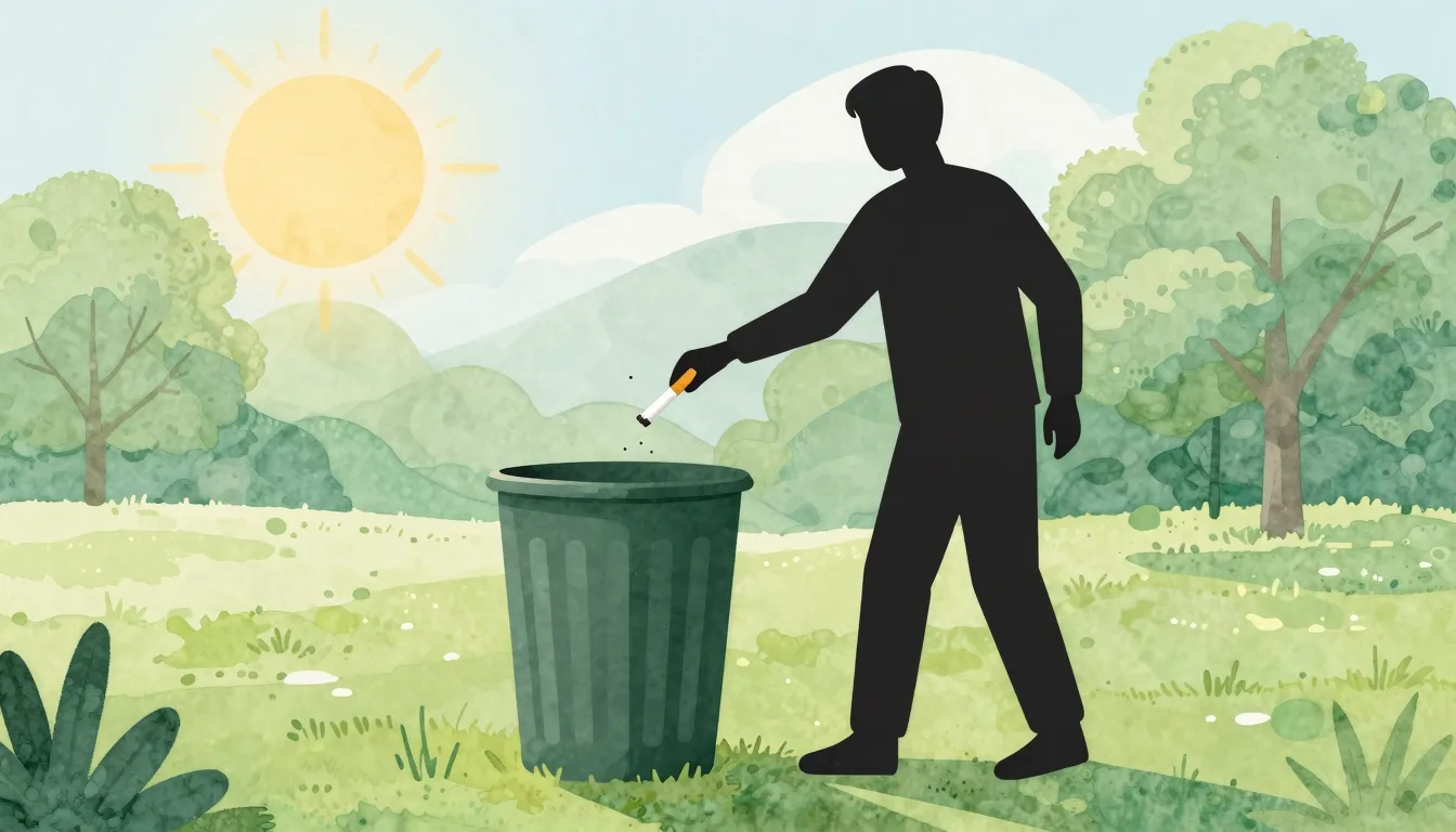 Watercolor style. Silhouette of a person throwing away a cig...