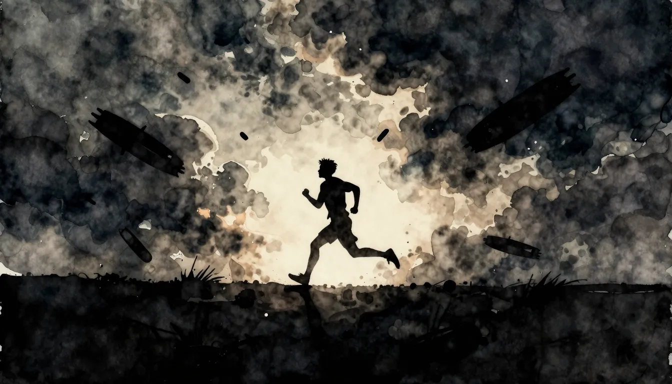 Watercolor style. Silhouette of a running figure in a dark l...