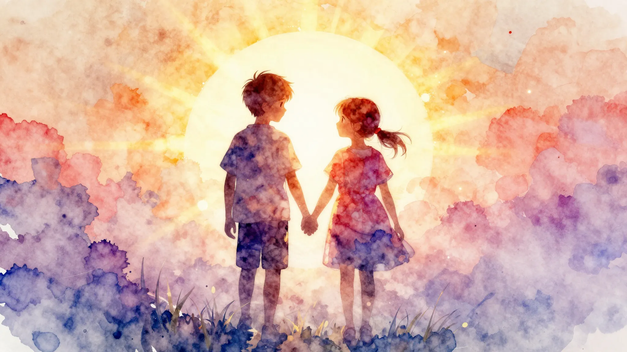 Watercolor style. Two silhouettes of a boy and a girl standi...