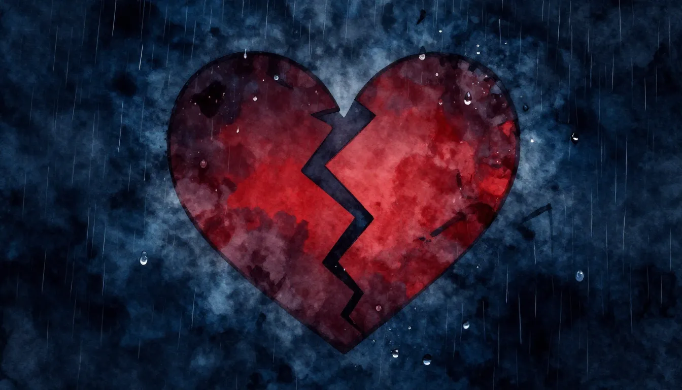 Watercolor style. Silhouette of a broken heart on a dark bac...