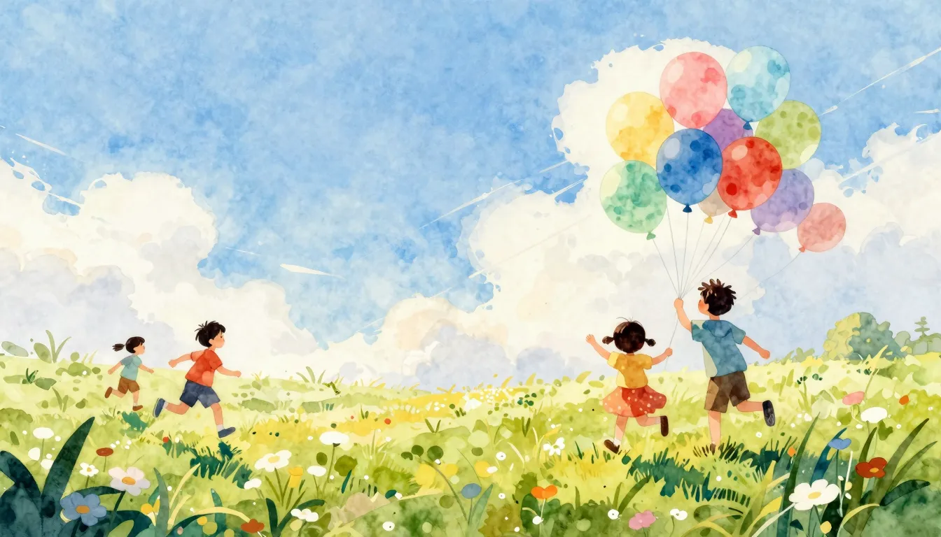 Watercolor style. A bright sunny meadow with colorful balloo...