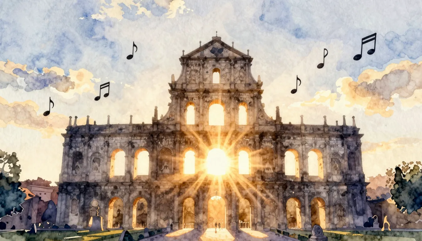 Watercolor style. A majestic ancient building silhouette at ...