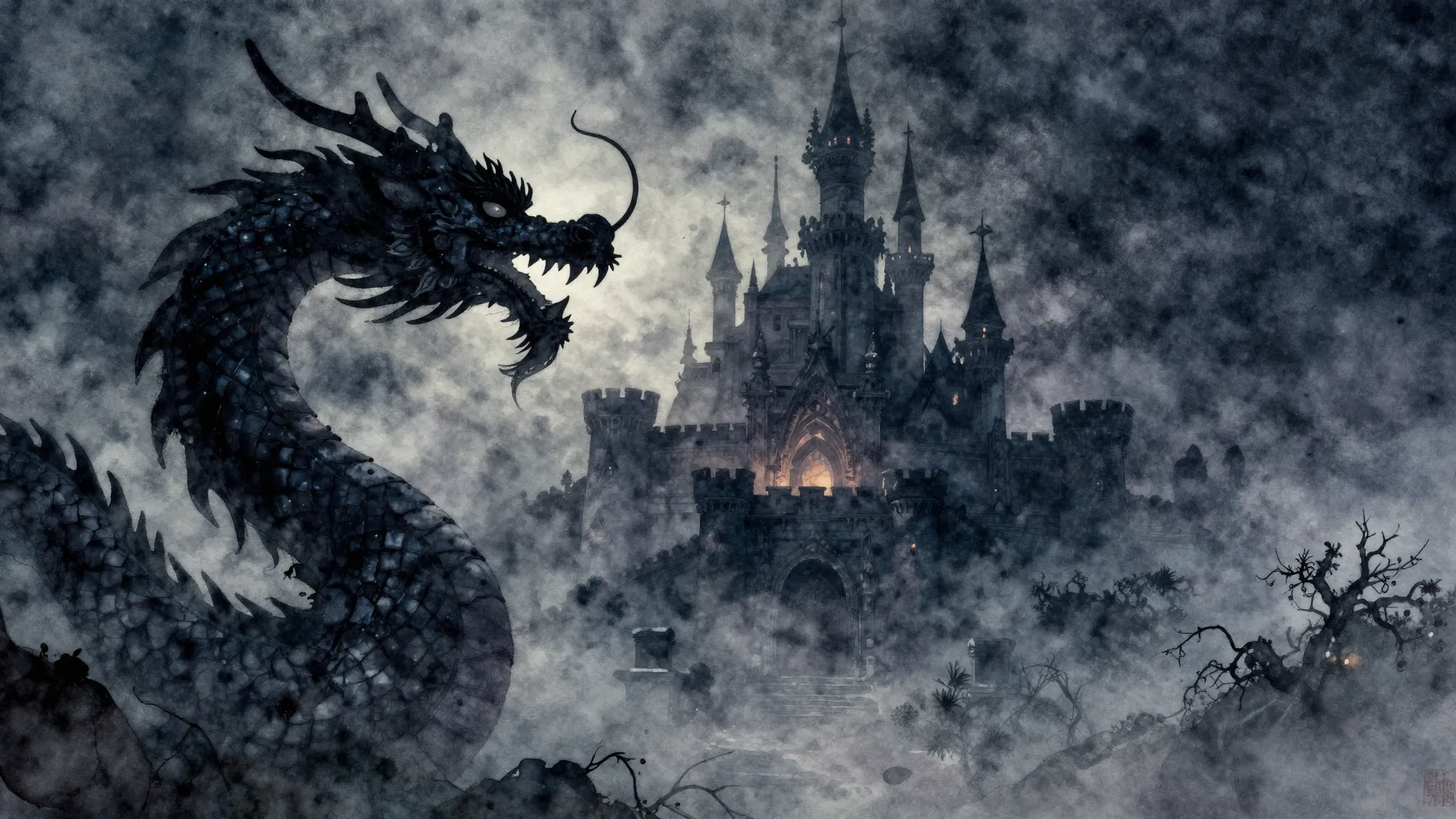 Watercolor style. Silhouette of an Asian dragon and a grand ...