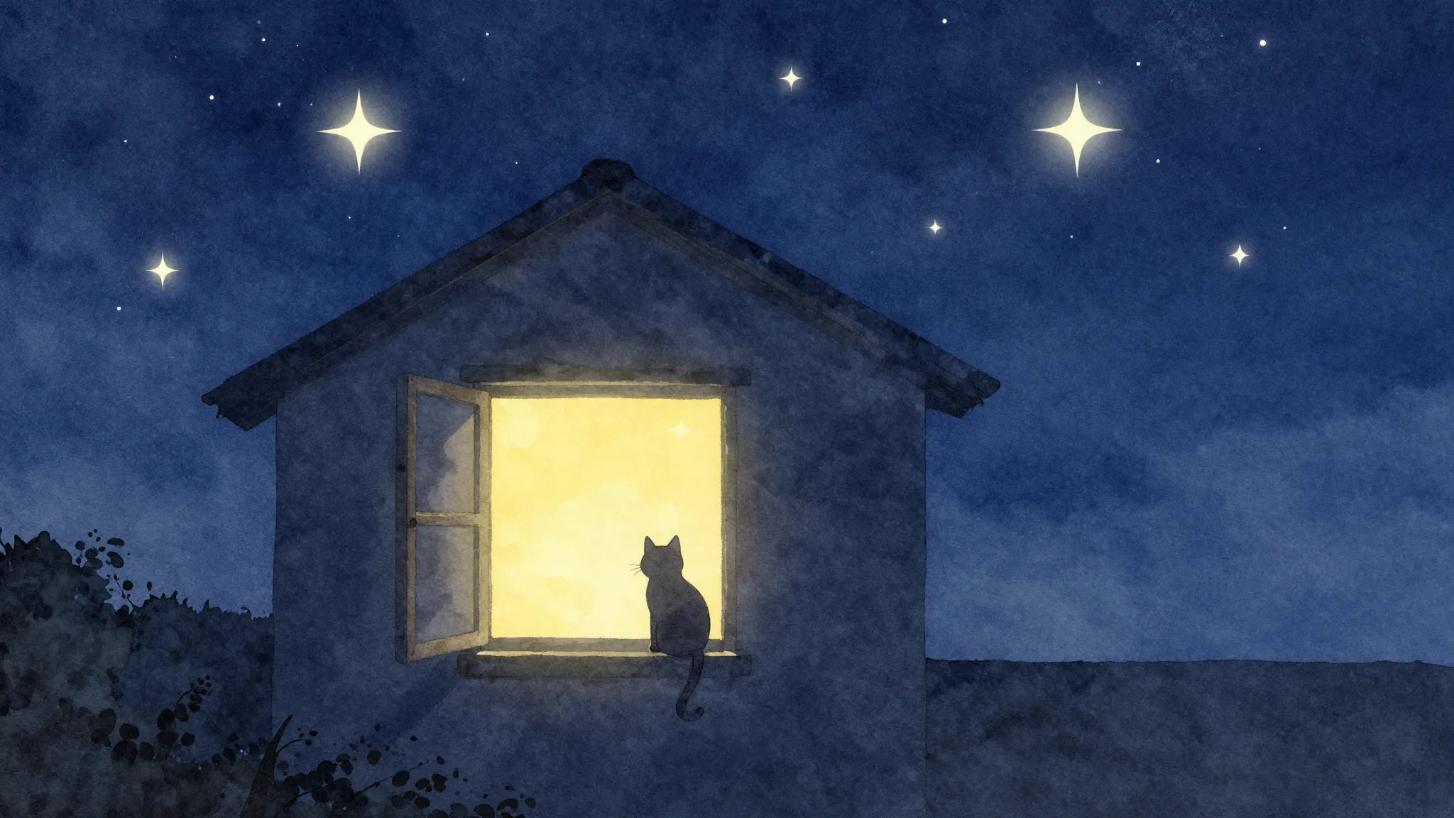 Watercolor style. Night sky with bright stars, 1 glowing win...