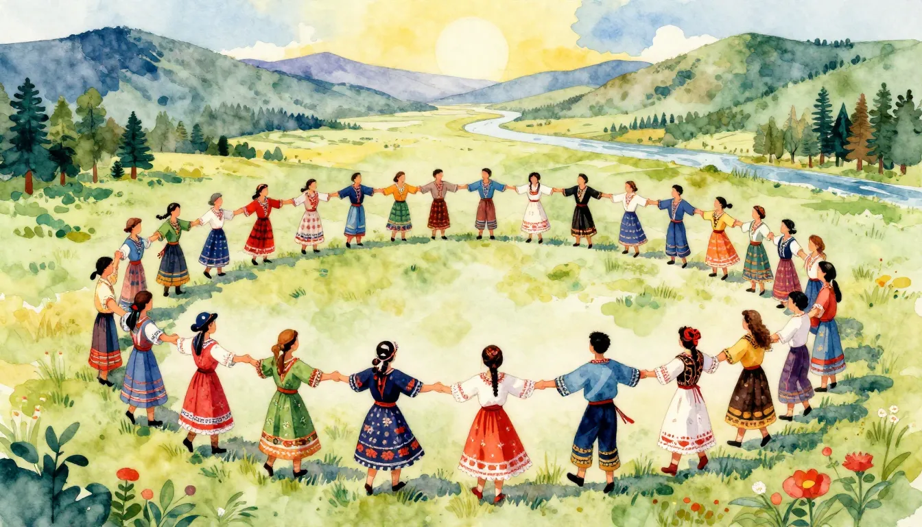 Vibrant watercolor style. A diverse group of people in color...