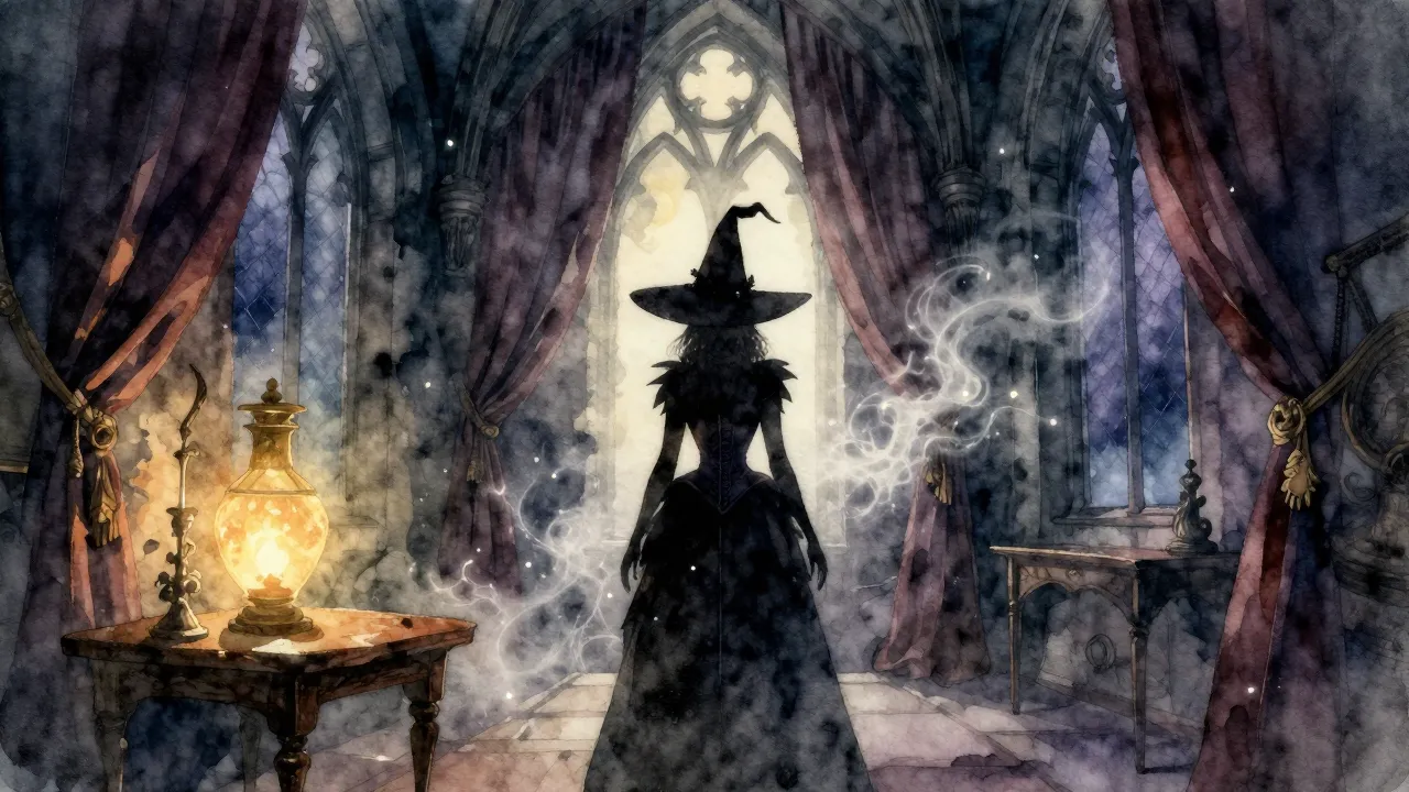 Watercolor style. A dark gothic castle interior with tall po...