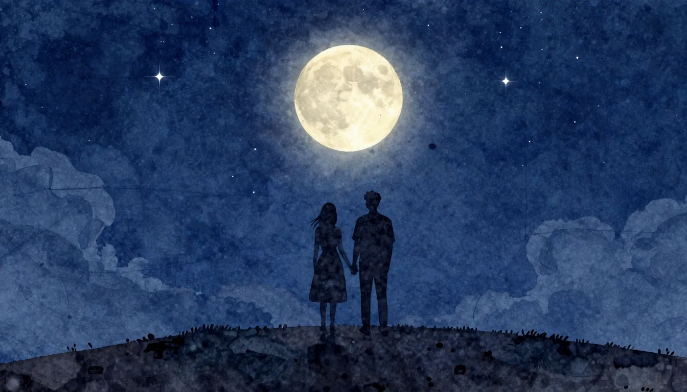 Watercolor style. A silhouette of a couple standing on a hil...