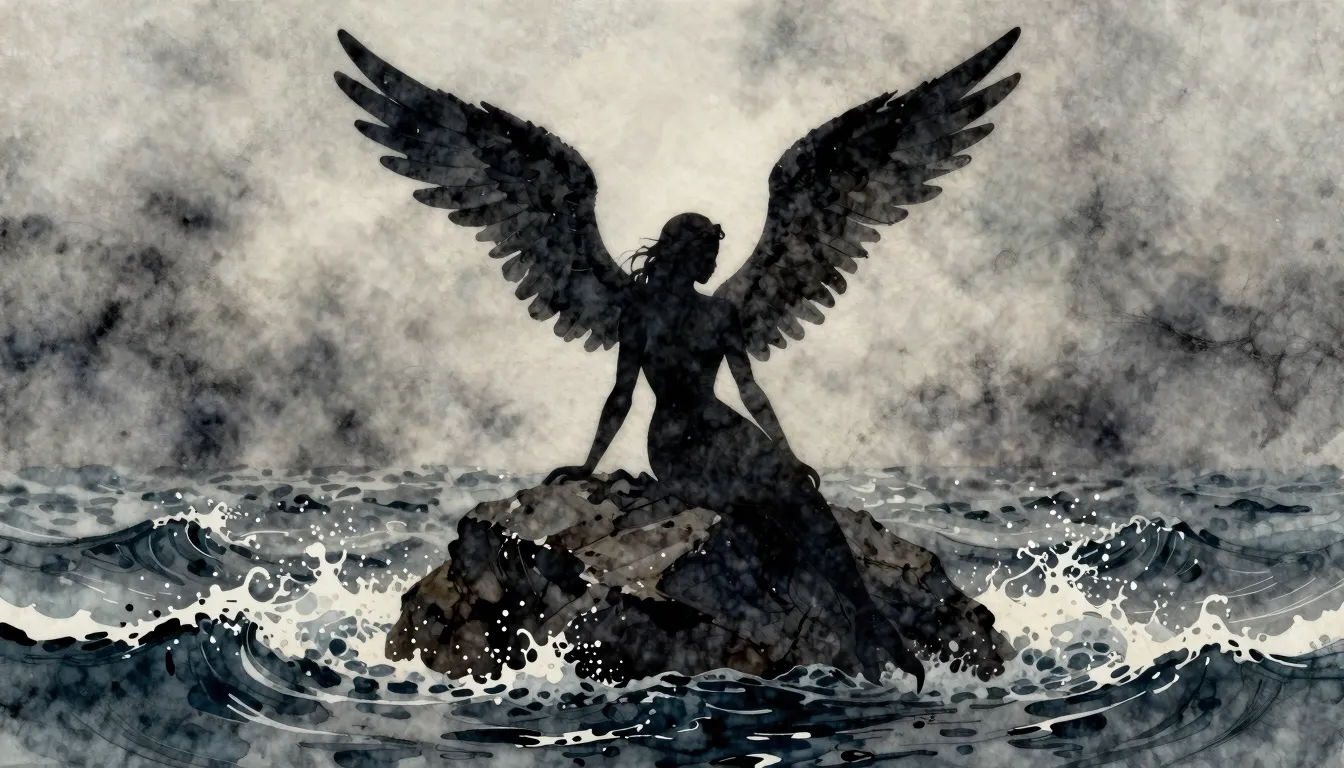 Watercolor style. Silhouette of a winged siren on a sea rock...