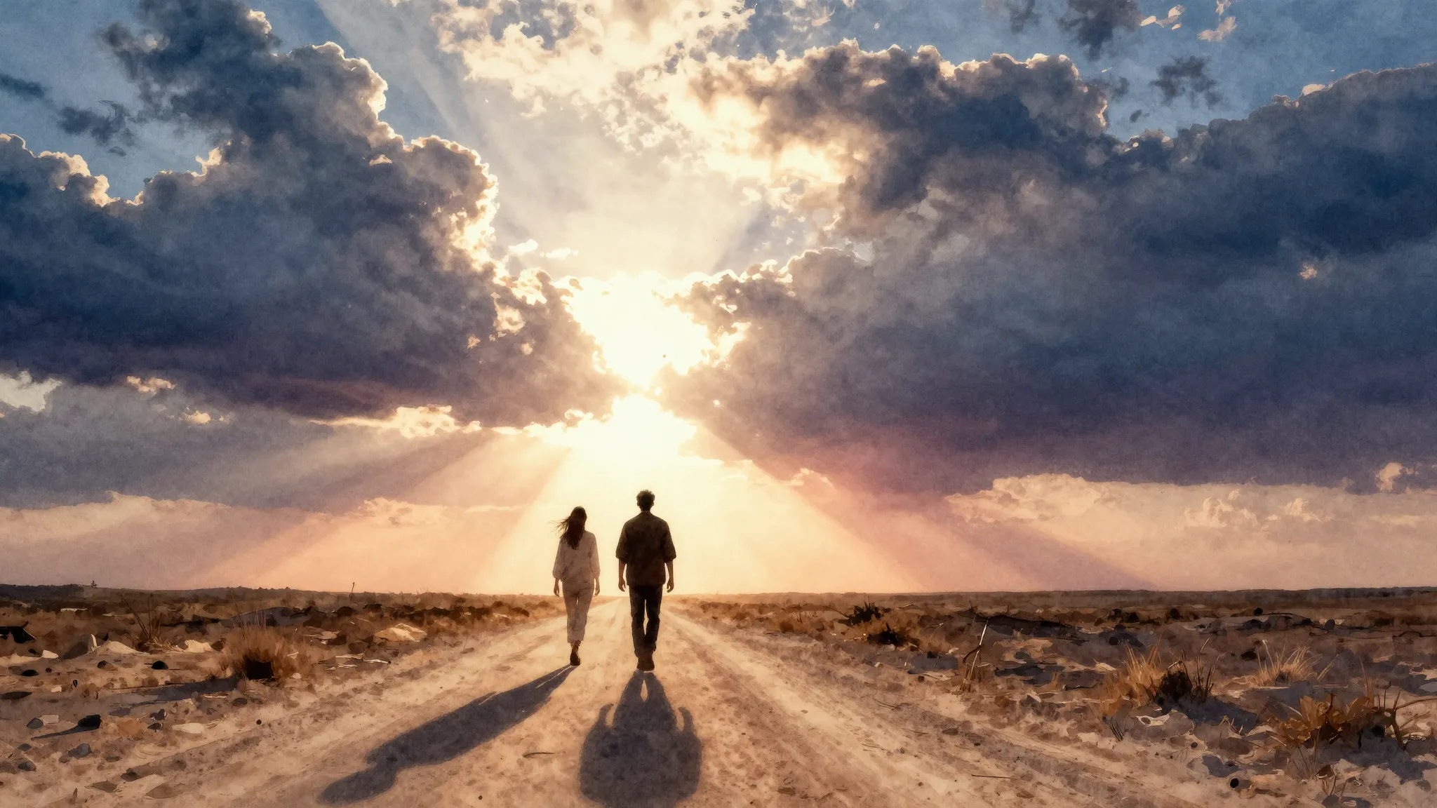 Watercolor style. 2 silhouettes walking on a dusty road towa...