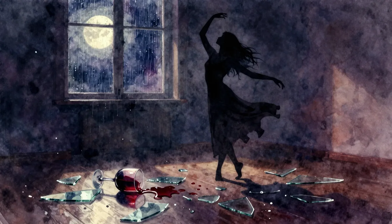 Vibrant watercolor style. A lonely silhouette of a woman dan...