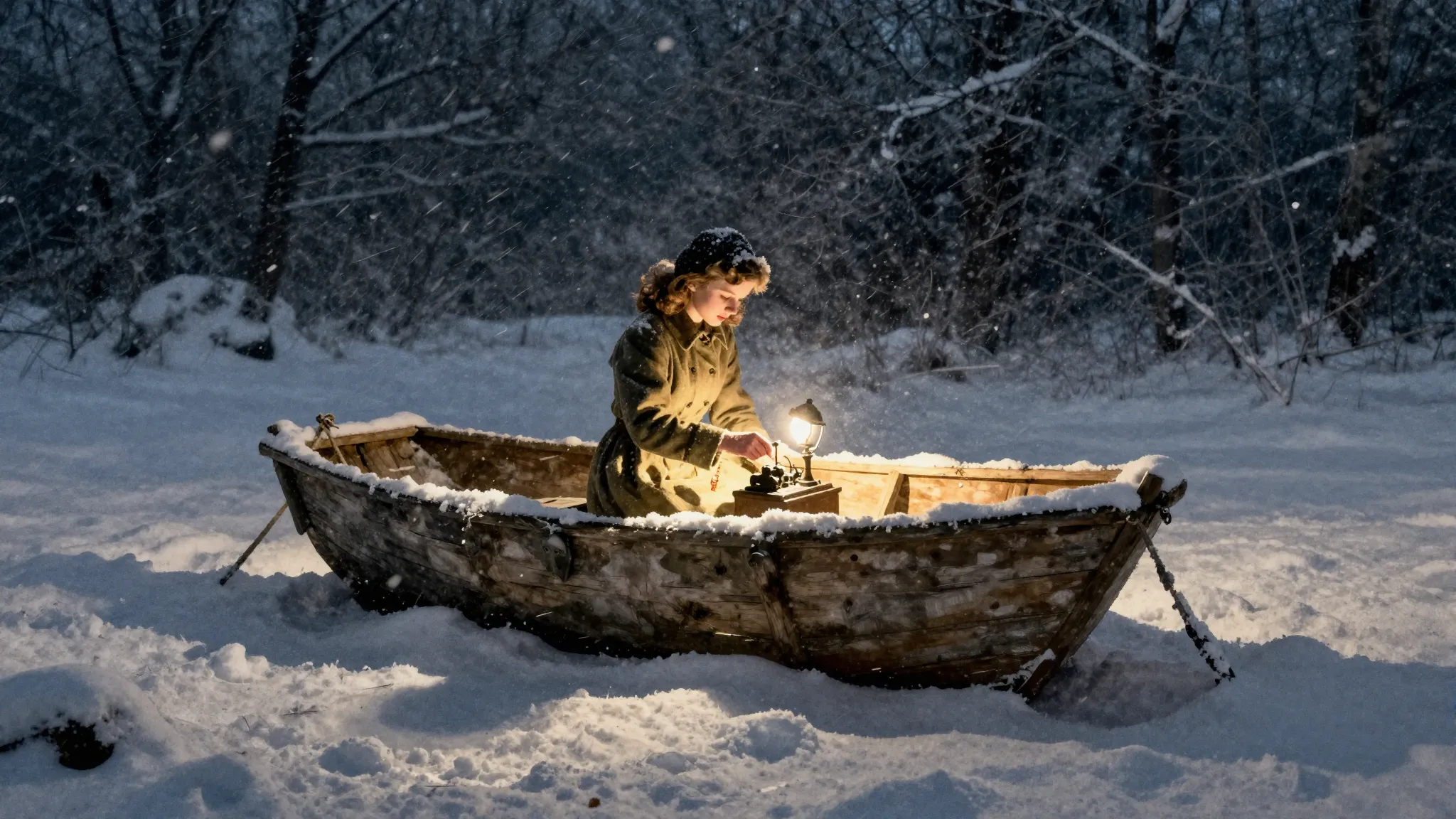 Watercolor style. A dark winter scene with a glowing dugout ...