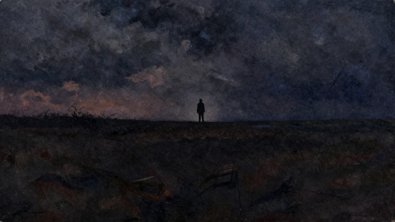 Vibrant watercolor style. A dark, moody landscape of a desol...
