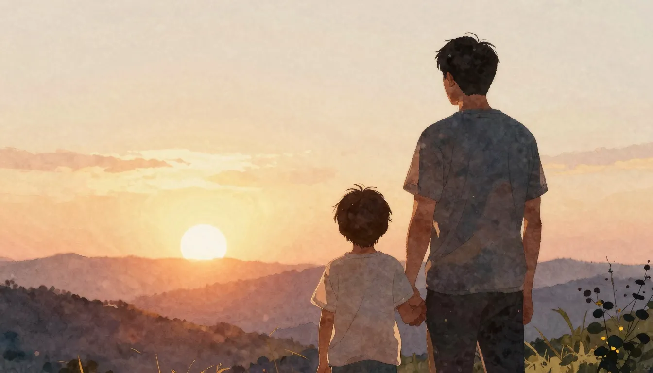 Watercolor style. Silhouette of a father and child standing ...