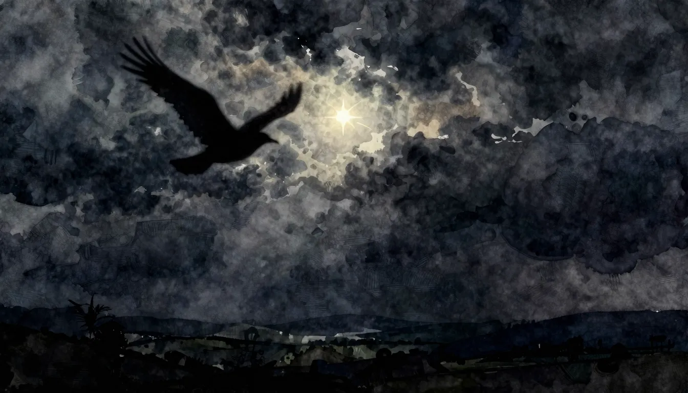 Watercolor style. A dark stormy sky with a single bright sta...