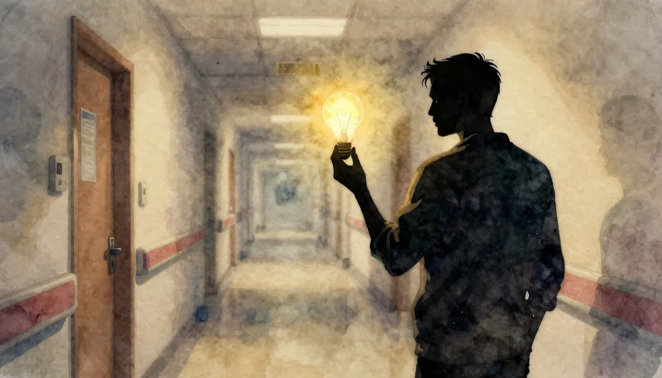 Watercolor style. A silhouette of a man holding a glowing li...